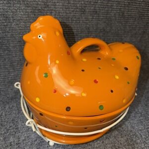 3Pc Temptations By Tara Orange Polka-Dot Hen Chicken Ovenware Basket Lid